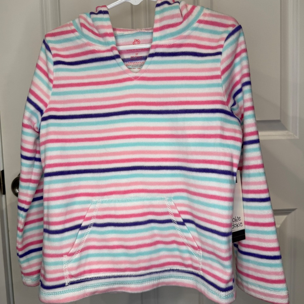 Okie Dokie Toddler Girls Pink Purple Striped Fleece Hoodie Pullover Size 5T NWT - Picture 3 of 5
